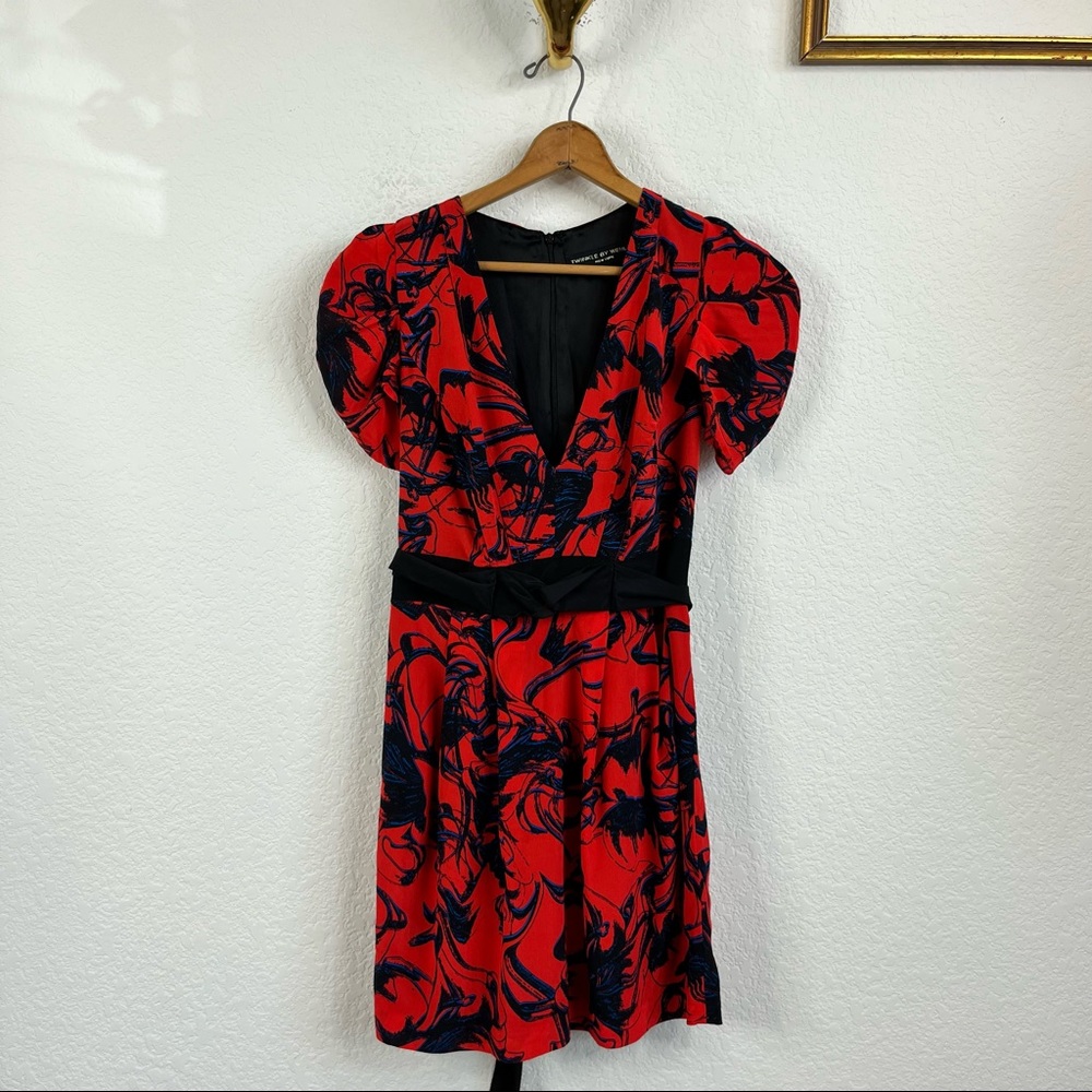 Twinkle by Wenlan Red Silk Floral Ruched Tie V Neck Dress